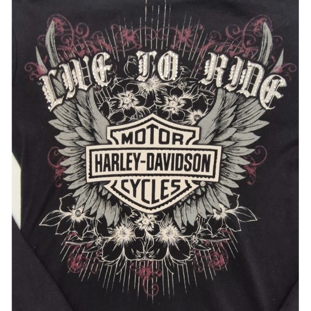 Harley Davidson women's LG LS black t-shirt Live to‎ Ride rhinestones Cotton